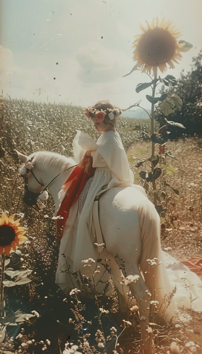 Baby with flower crown riding white horse, holding red cloth.