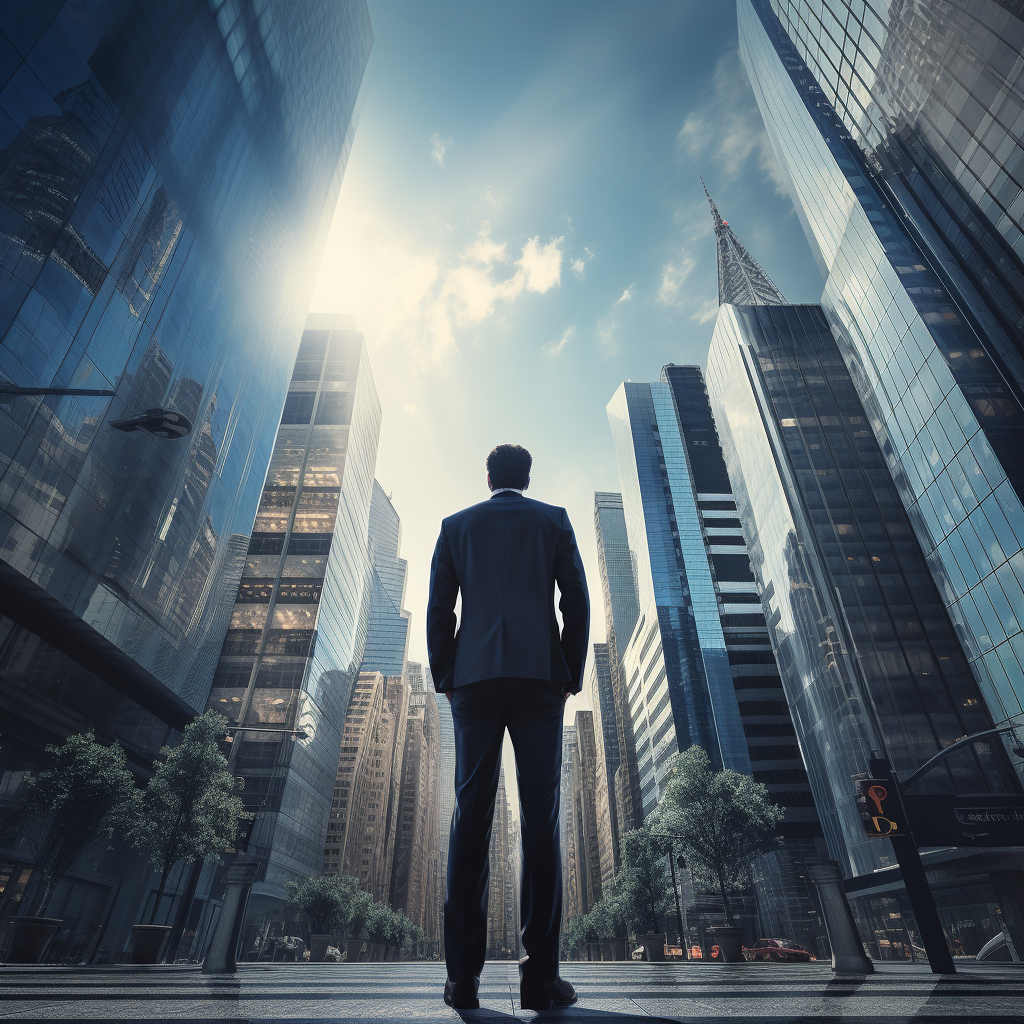 Man in suit admiring city skyscrapers