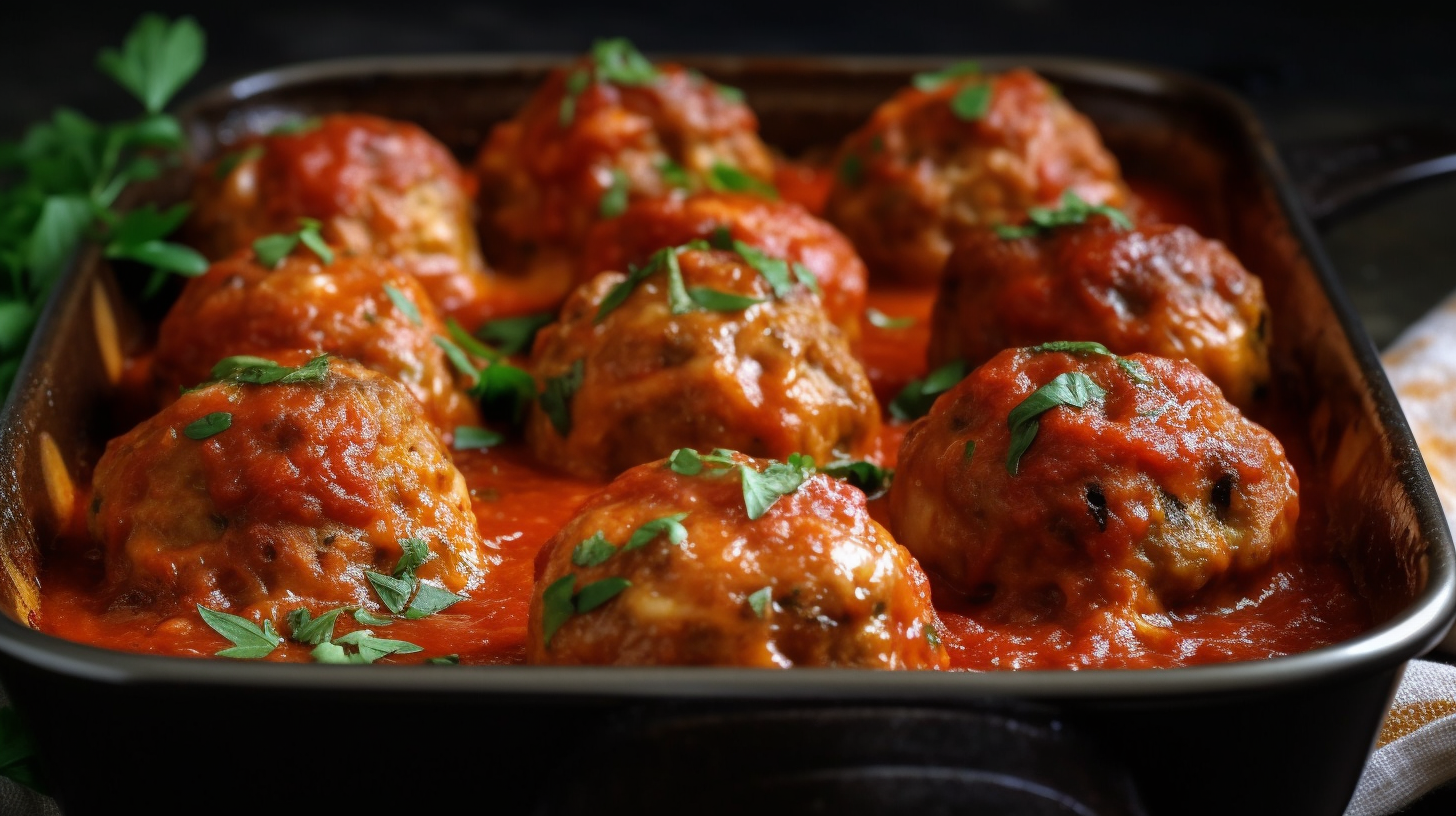 Baked chicken meatballs in tomato sauce on baking sheet.