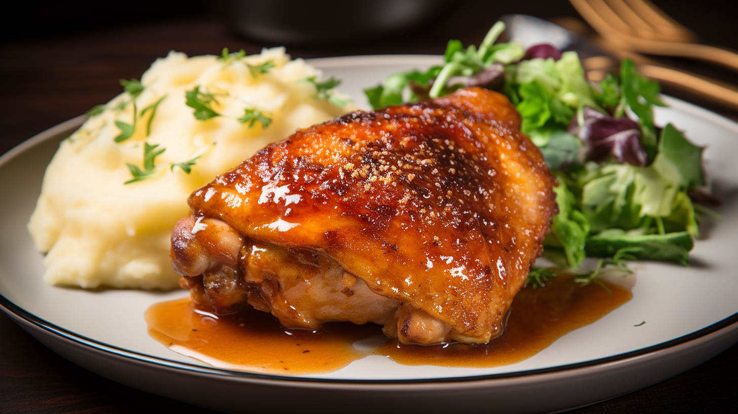 Baked honey garlic chicken thighs with salad, potatoes. Bright kitchen.