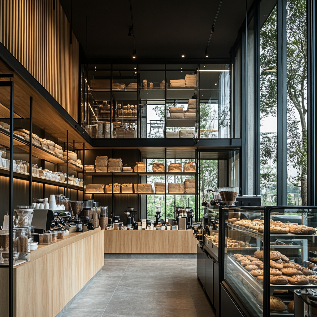 Bakery and cafe with glass walls, mezzanine workspace.