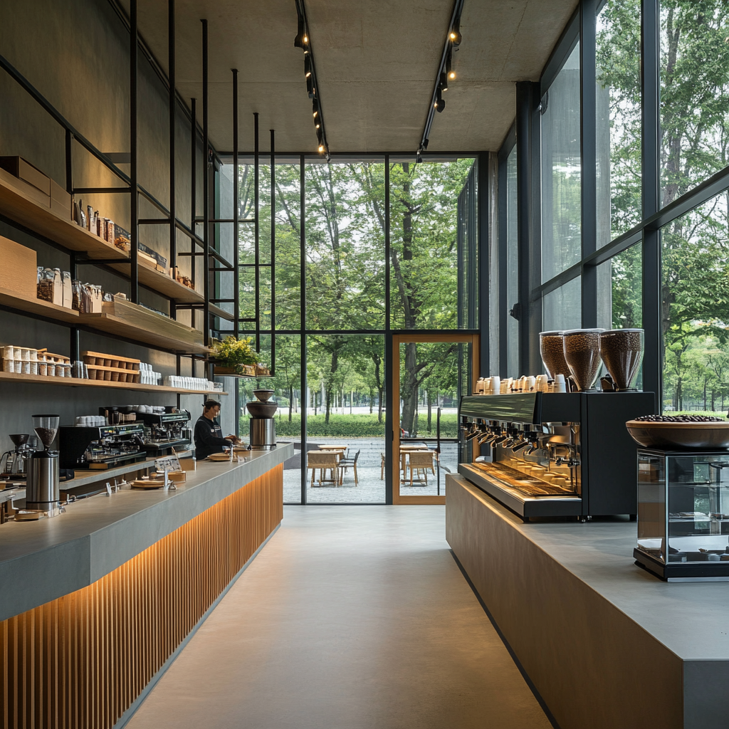 Bakery and cafe with glass walls, park view, roaster.