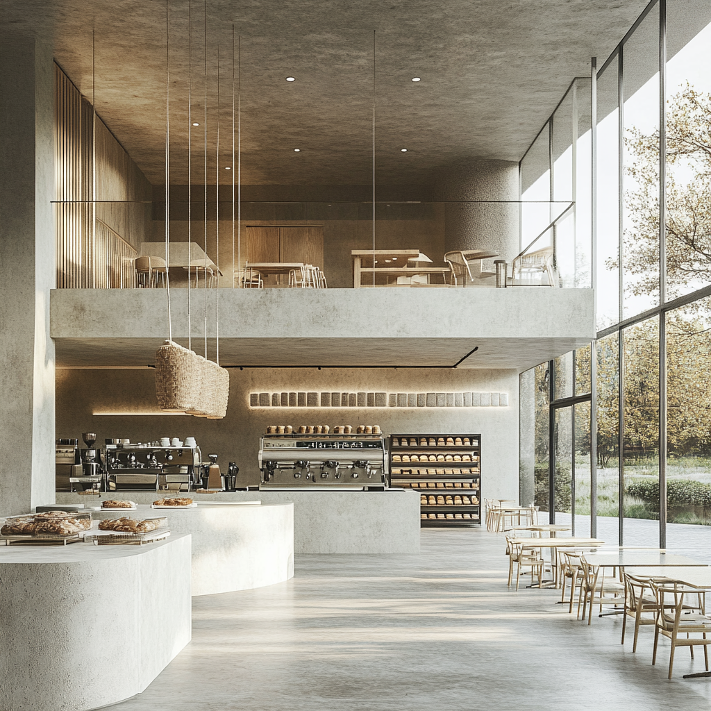 Bakery and cafe with glass walls, sunny park view.