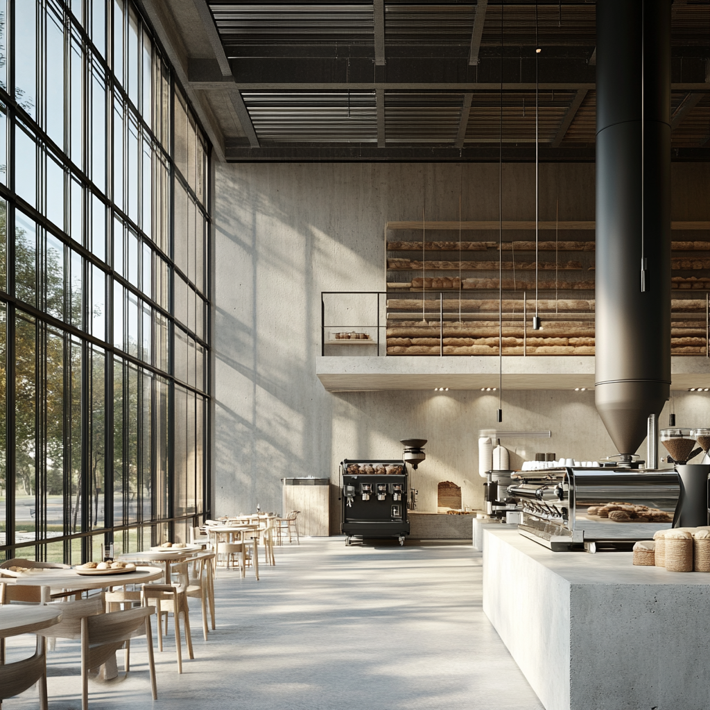 Bakery factory with glass walls, mezzanine work space.