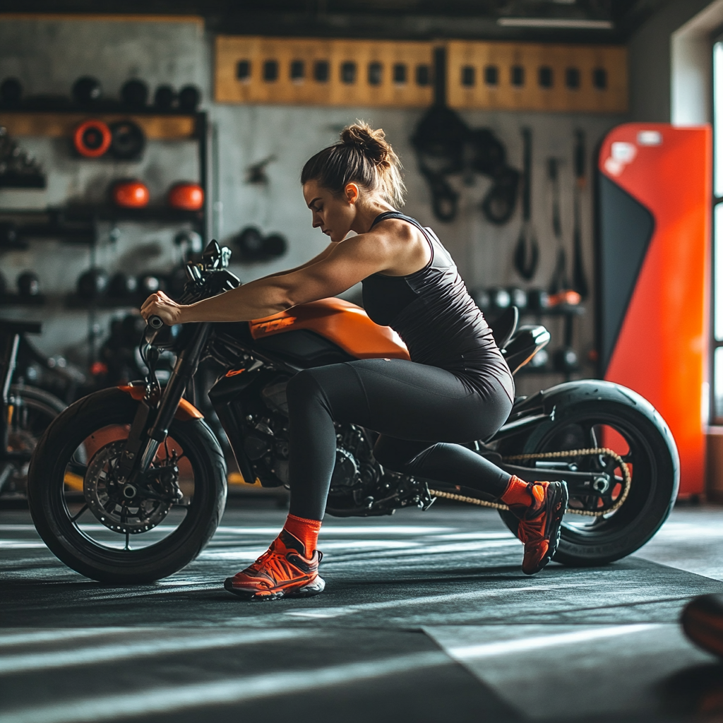 Balanced gym workout improving motorcycle riding skills effectively.