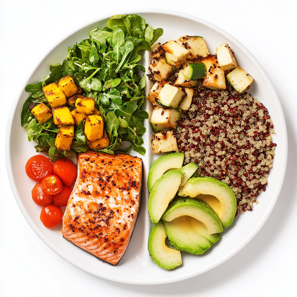 Balanced plate with salmon, avocado, quinoa, and veggies.