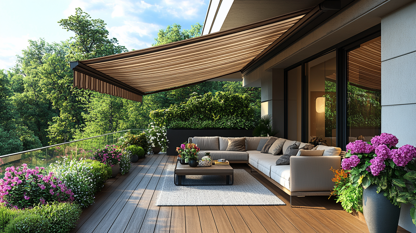 Balcony design with wooden flooring and flower pots.