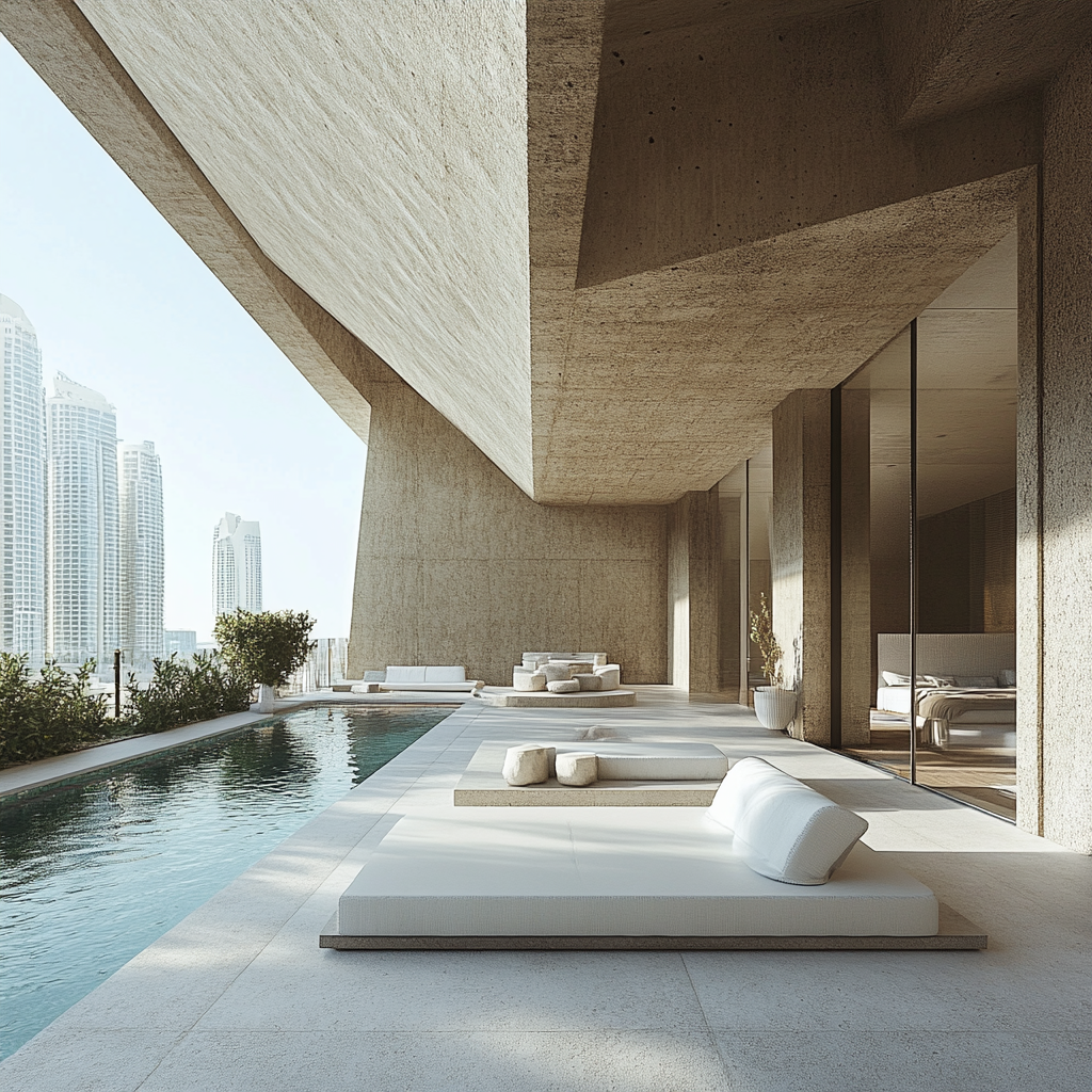 Balcony in UAE shaded by concrete roof, sunken lounge.