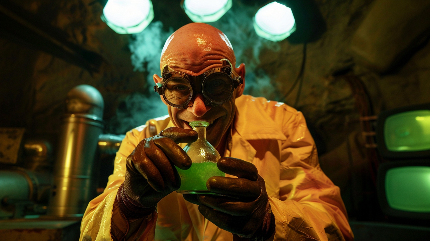 Bald Lex Luthor holding glowing green vial underground lab.