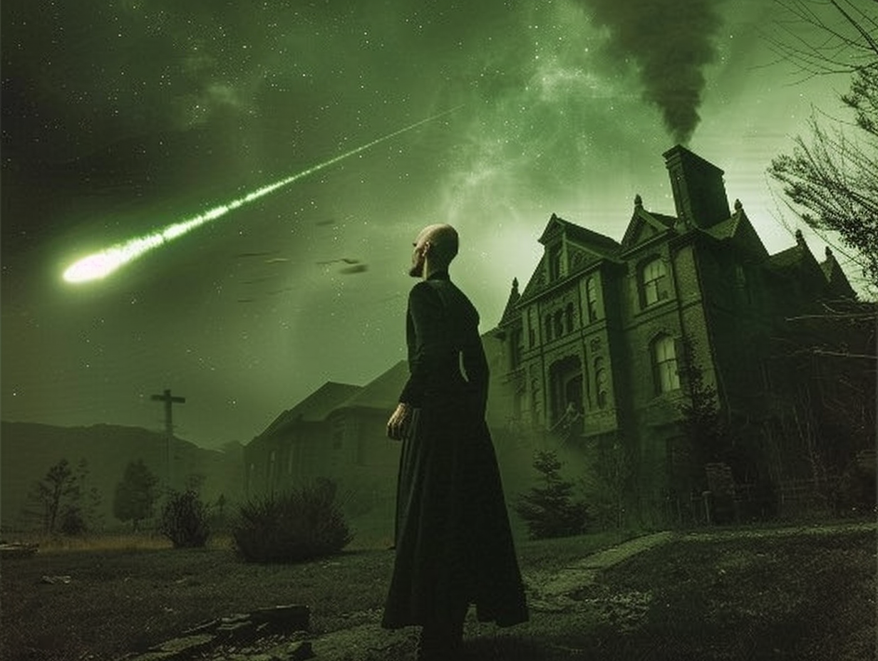 Bald Lex Luthor in yard looking at green meteor.