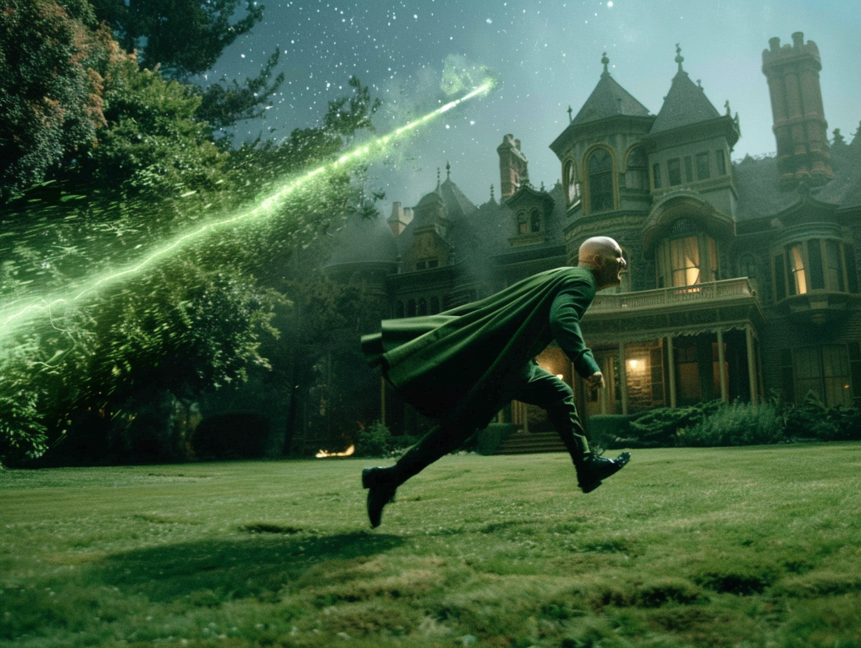 Bald Lex Luthor sees green meteor in sky.