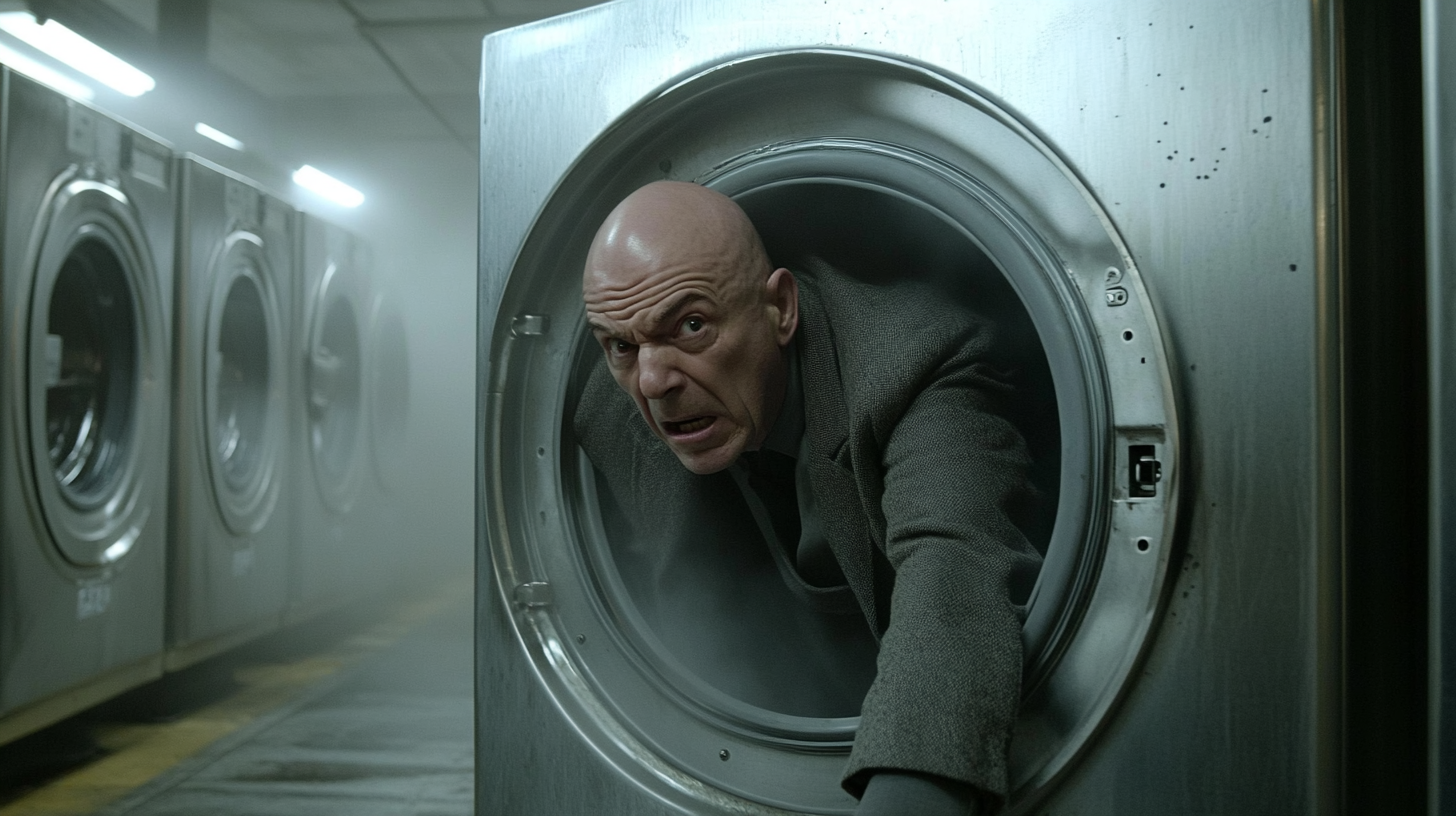 Bald Telly Savalas inside Spinning Washing Machine