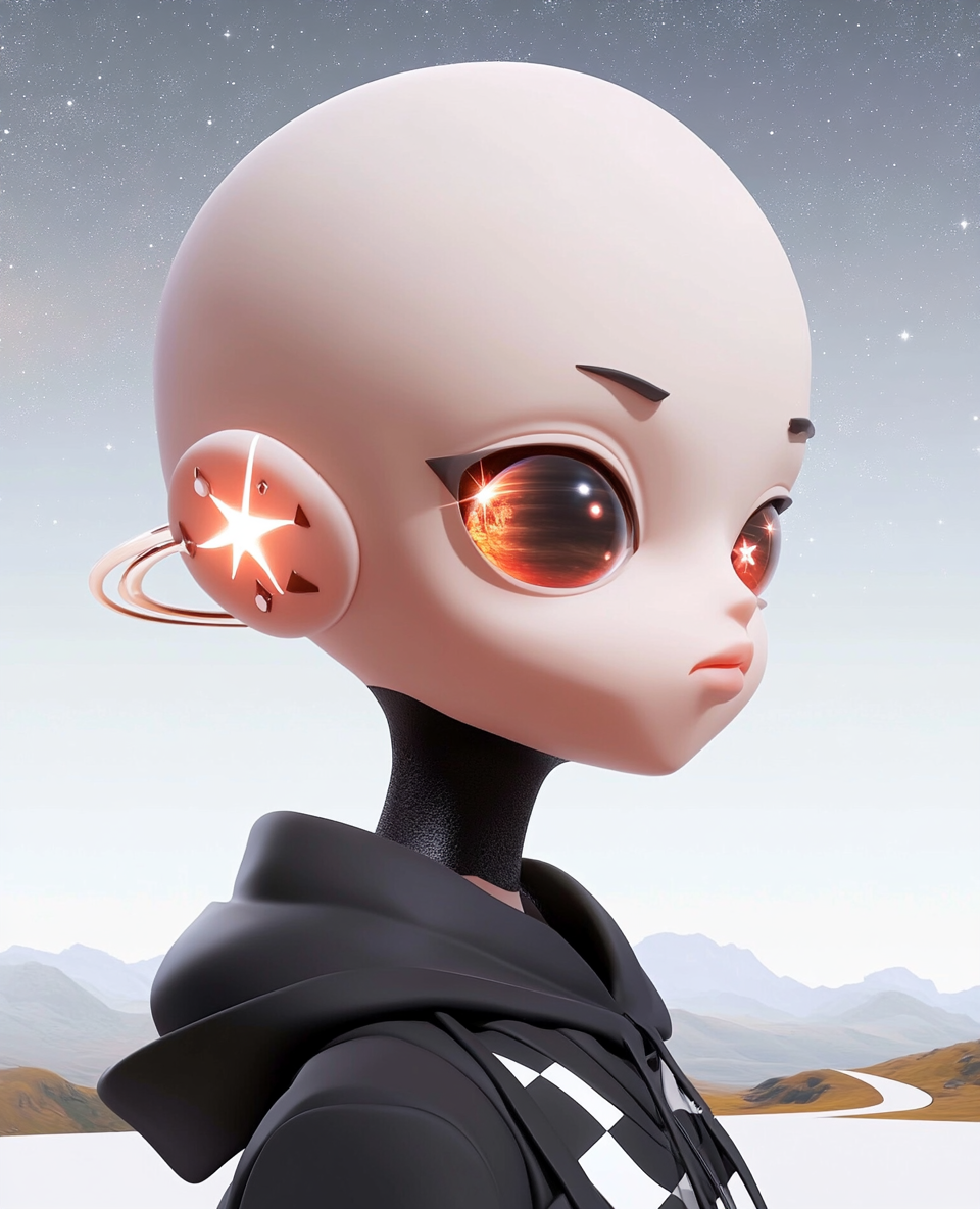 Bald black god with Saturn eyes in retro-futuristic landscape.