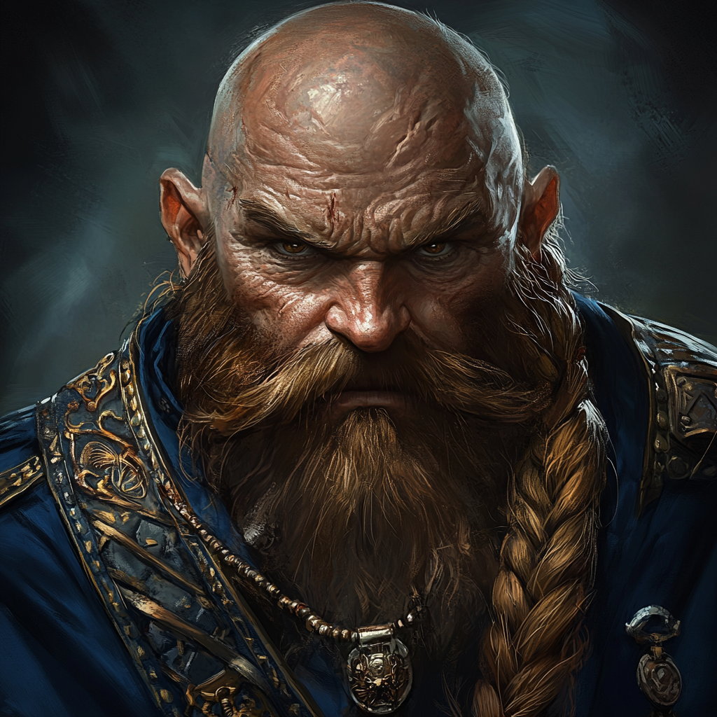 Bald dwarf in blue uniform with braided beard.