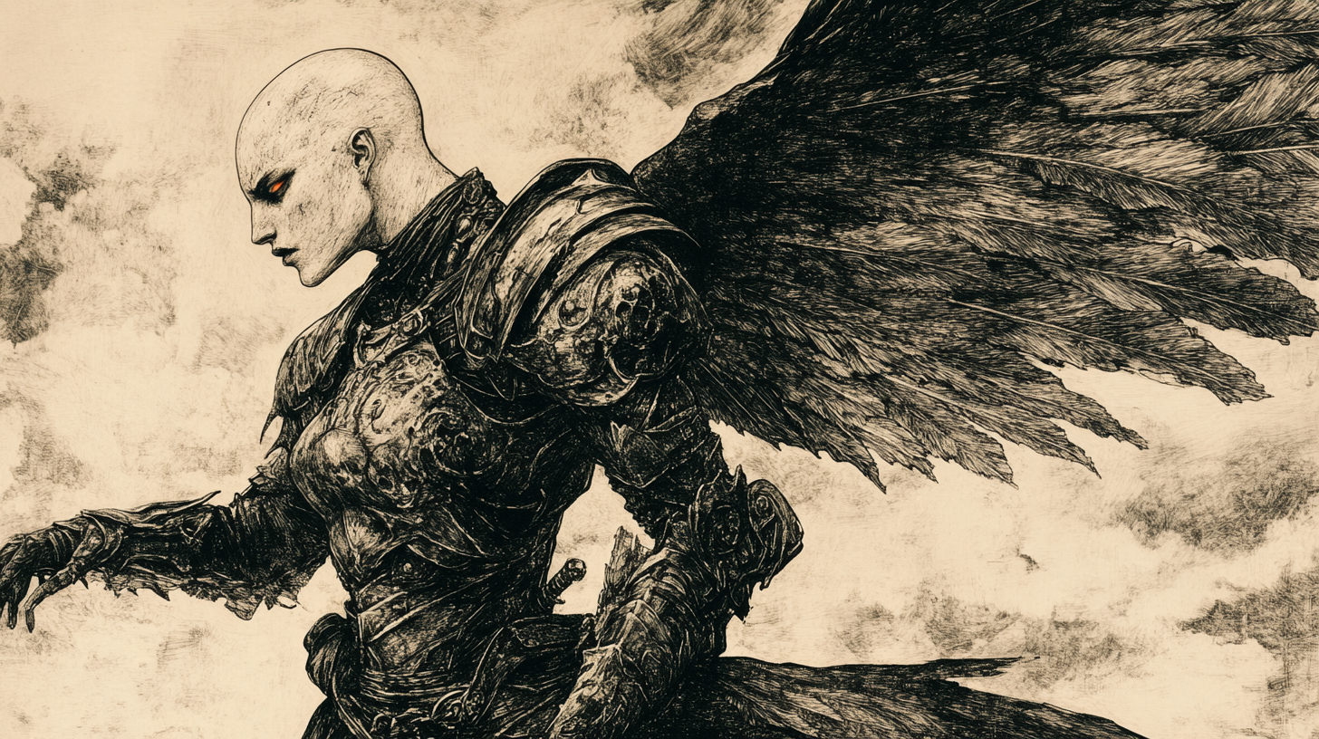 Bald female angel in red eyes and armor flying.