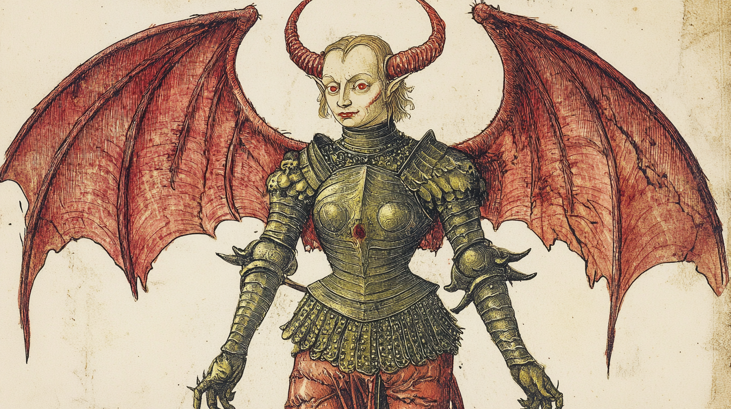 Bald female devil in armor with fiery halo.