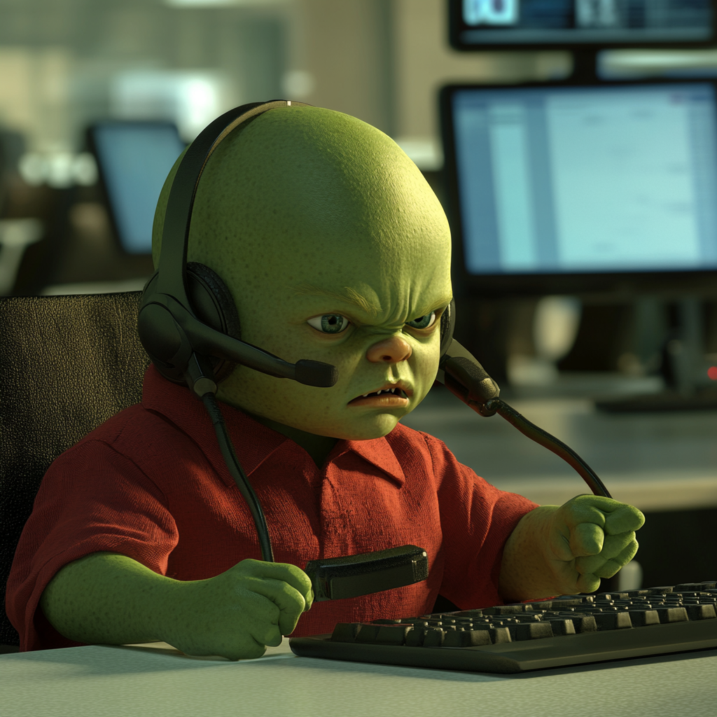 Bald green orc child working in Pixar-themed call center