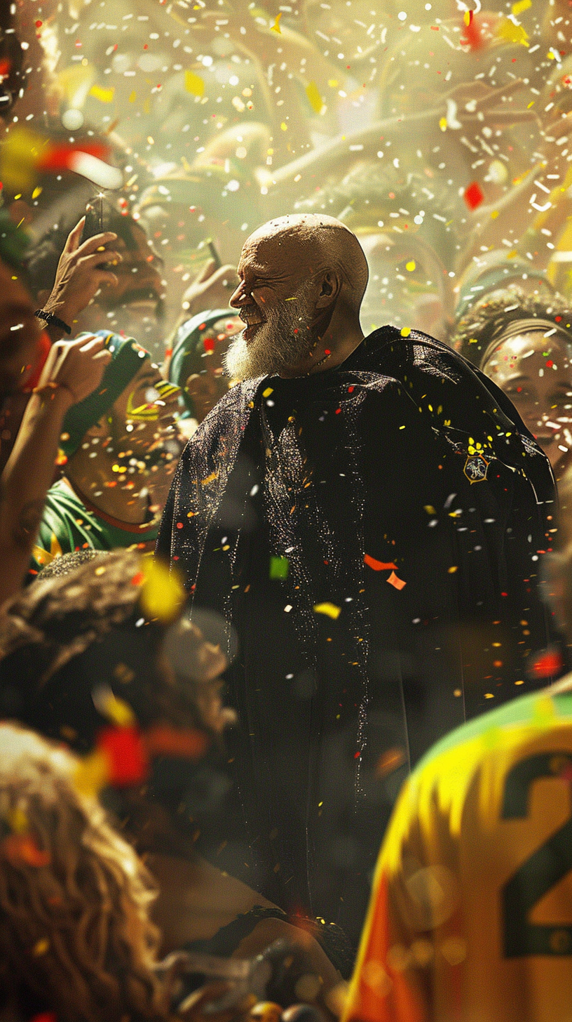 Bald man in black cape surrounded by Brazilian clowns.