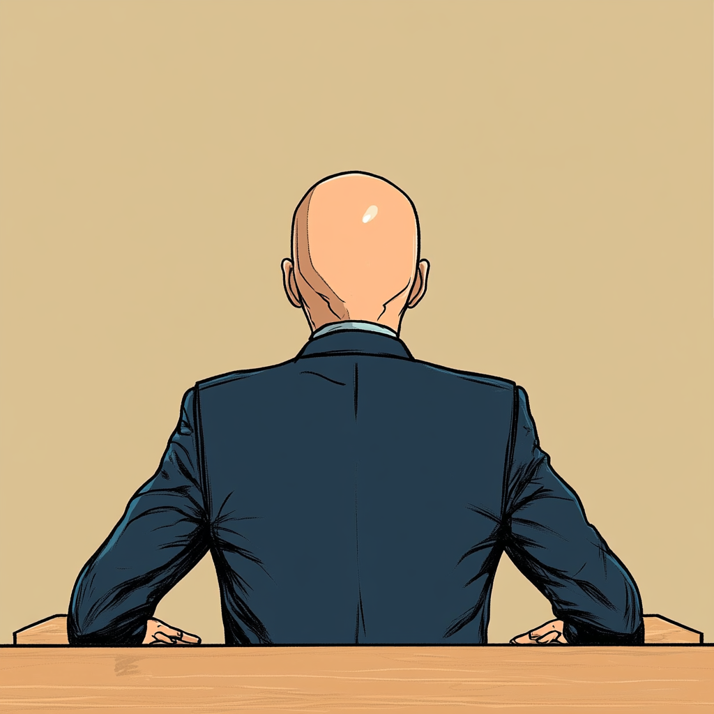 Bald man in blue suit sitting at fancy table.