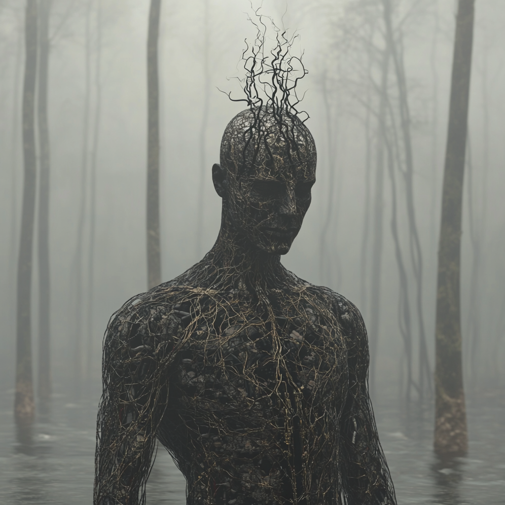 Bald man with energy flow network in forest