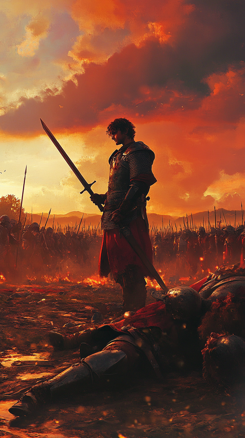 Baldwin, 16, victorious on battlefield with raised sword. Sun sets.