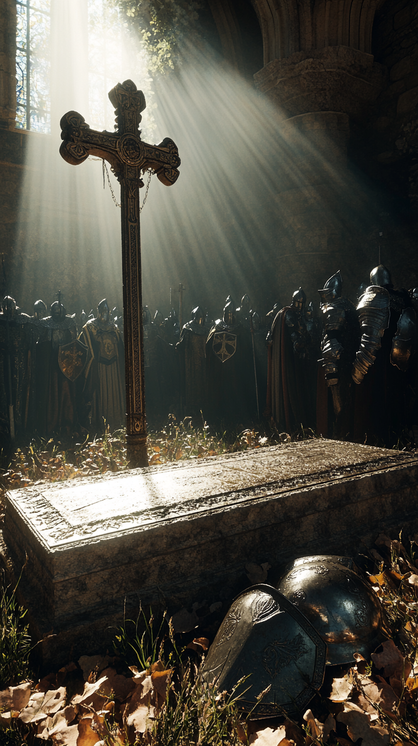 Baldwin IV's tomb surrounded by mourners and armor.