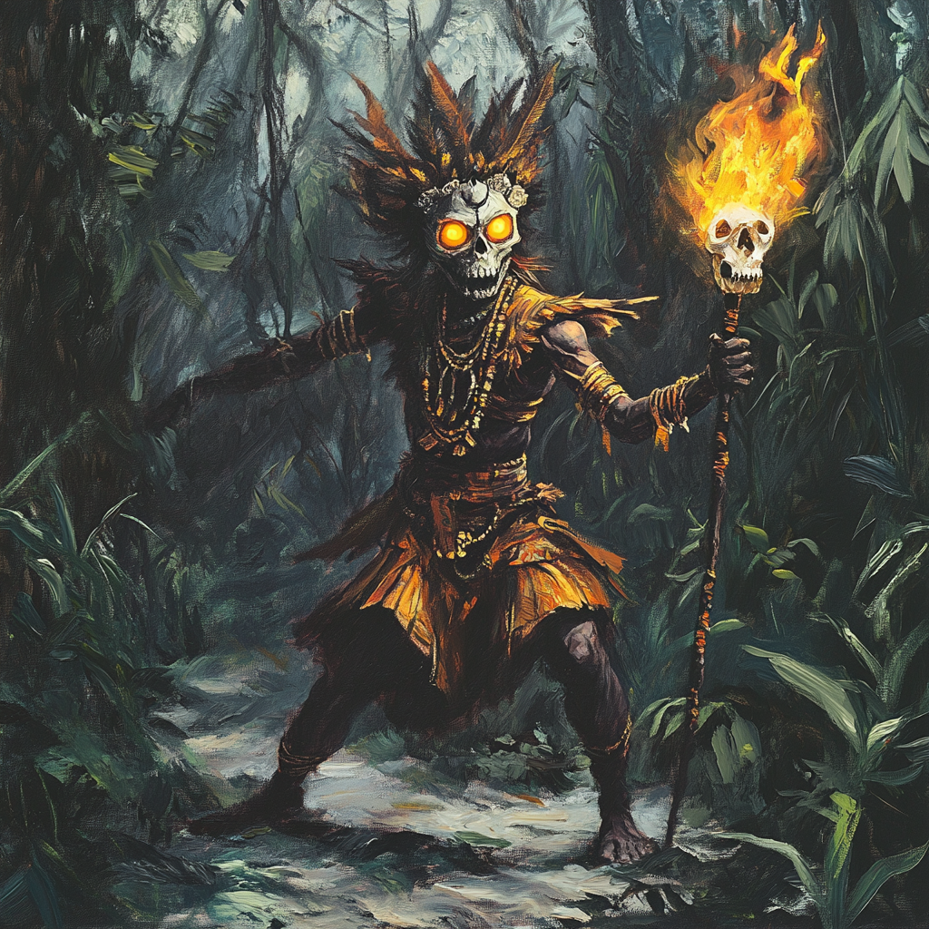 Bali witch doctor with skull staff, glowing eyes dancing.