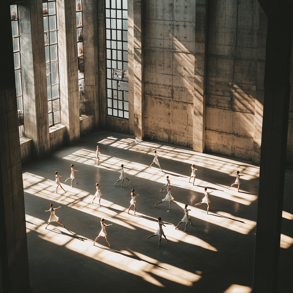 Ballerinas Dancing in Elegant White, Industrial Concrete Setting