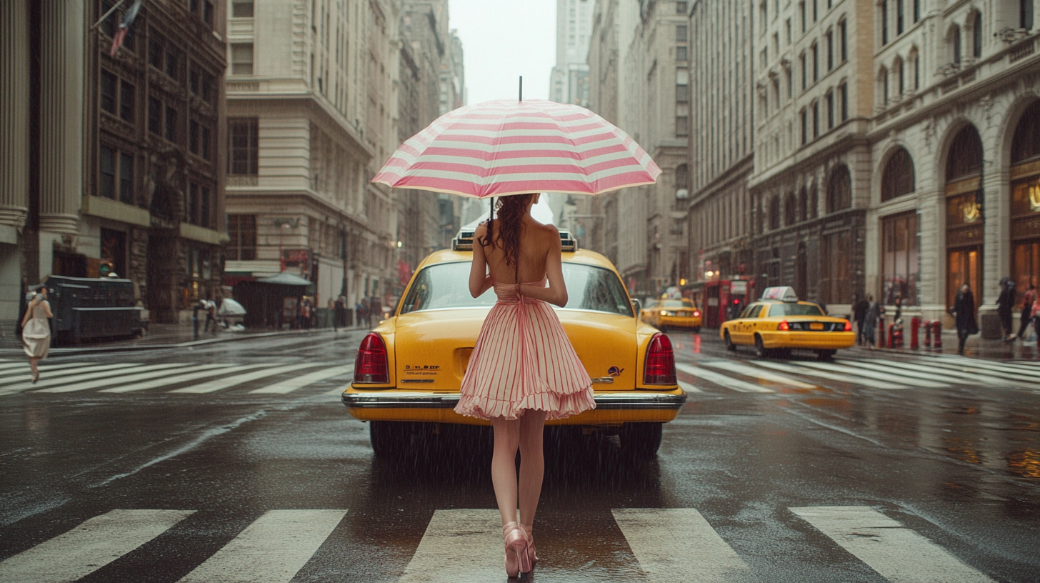 Ballet girl twirls in yellow taxi photoshoot.