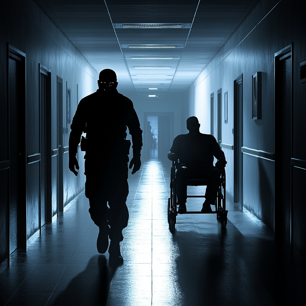 Bandit and man in wheelchair in hospital corridor spotlights.