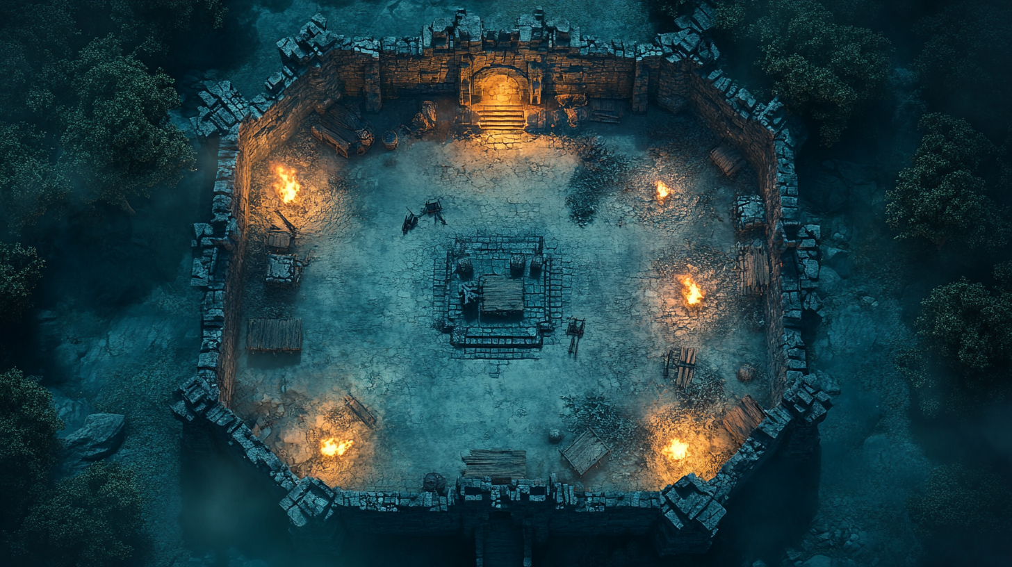 Bandit camp outside castle fort, lit by torches, huge.