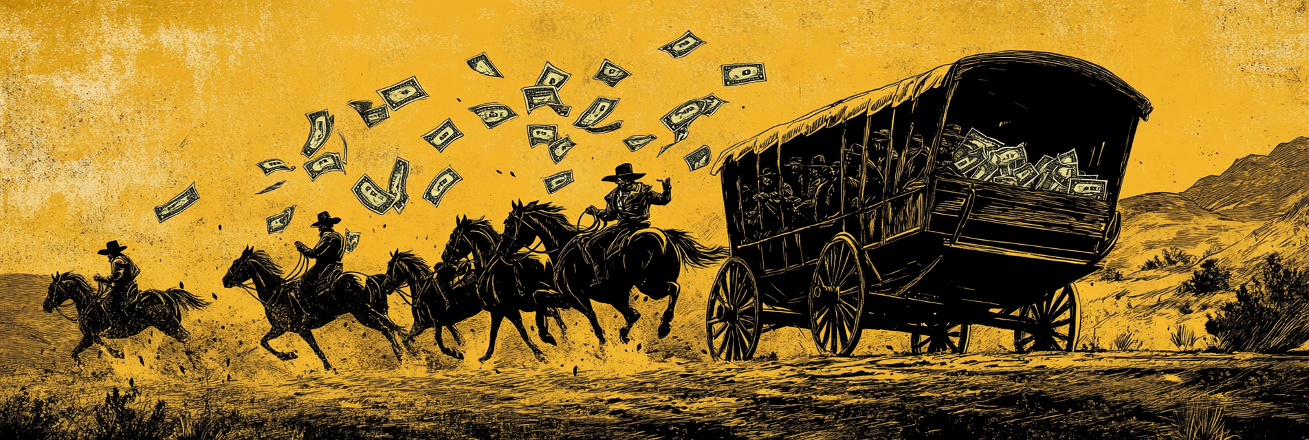 Bandits driving stagecoach full of cash through valley.