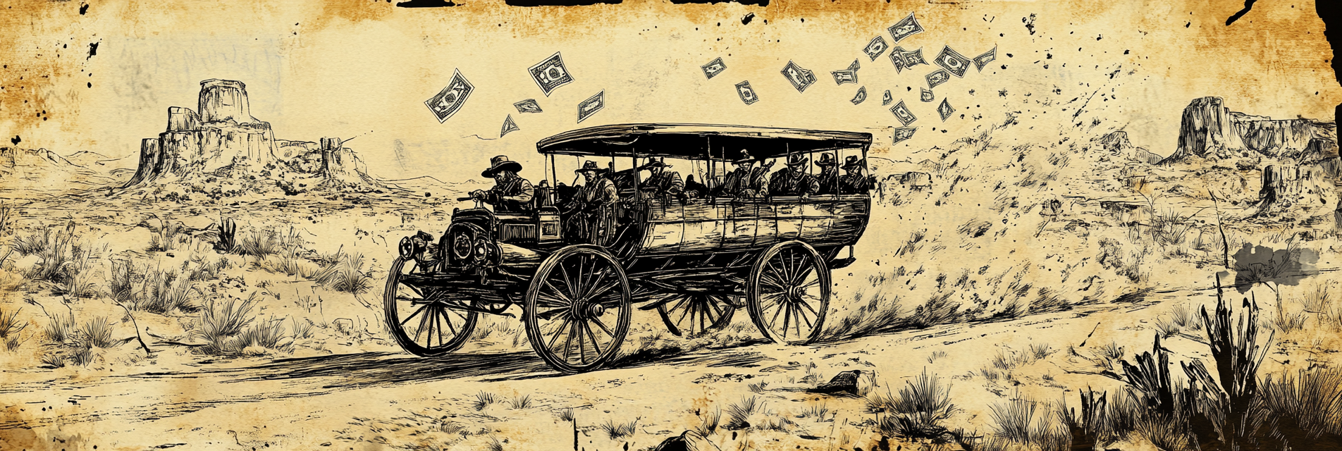 Bandits on stagecoach with money flying out.