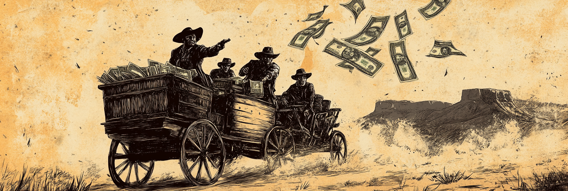 Bandits on wagon with cash, dollars flying behind.