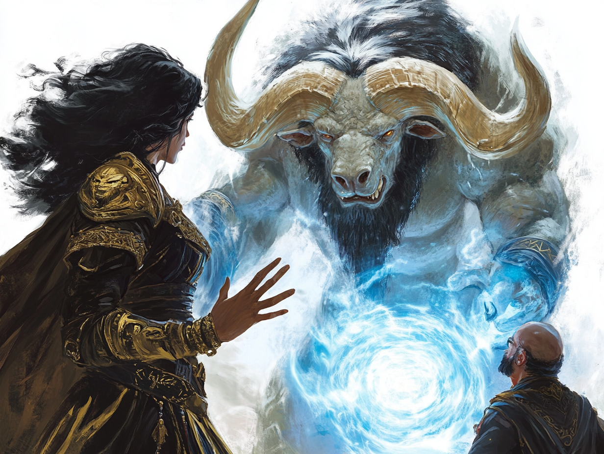 Banishing minotaur mage casts powerful spell.