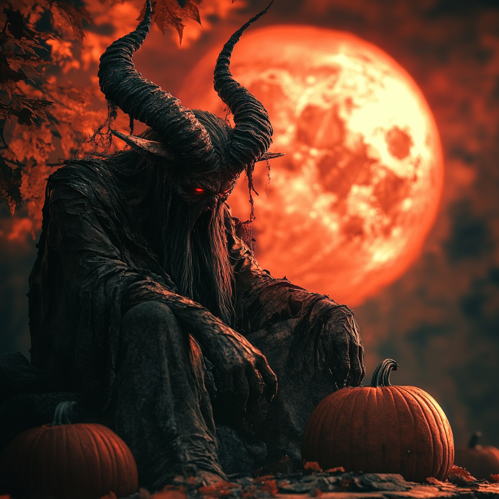 Baphomet Defending Against Evil Pumpkins in Cemetery