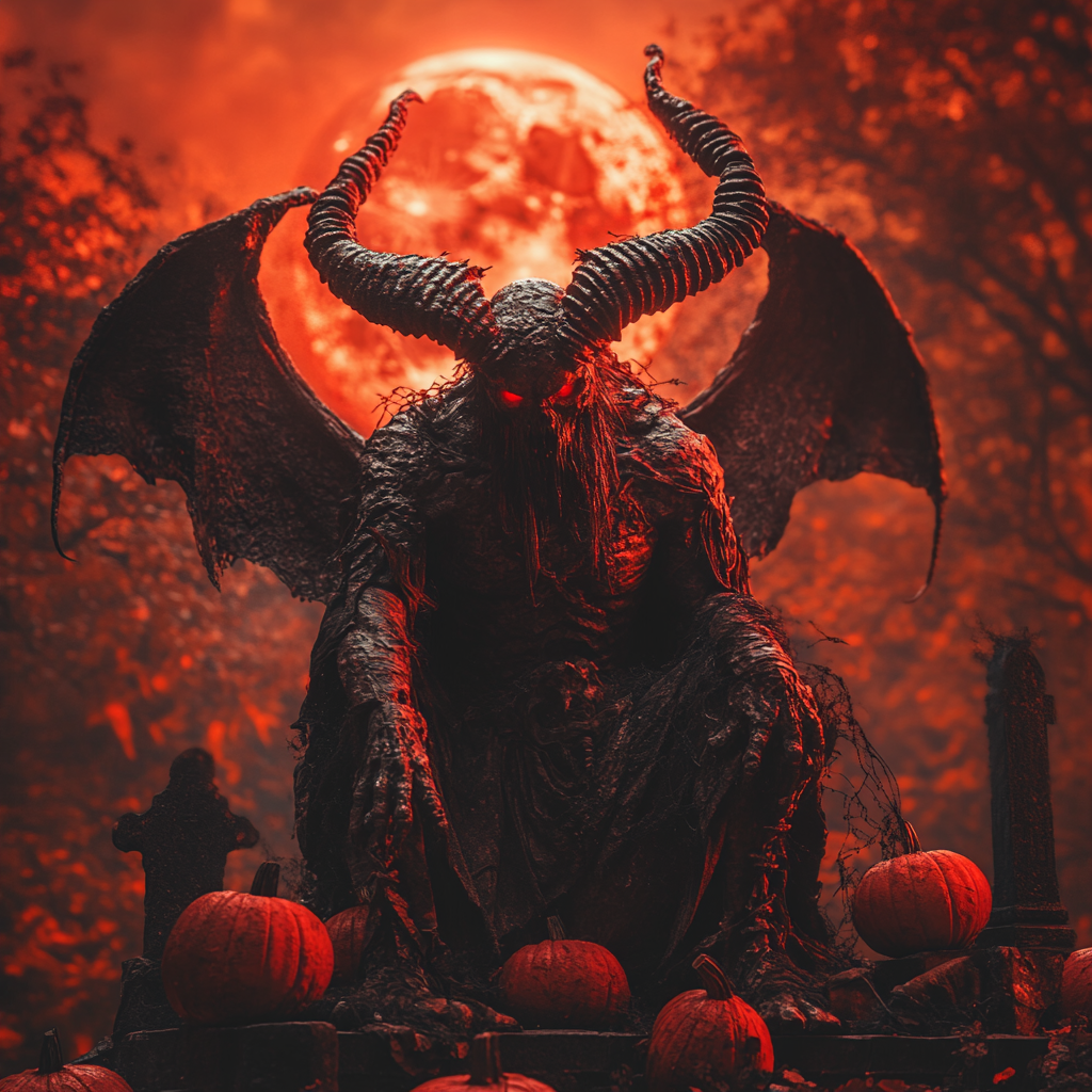 Baphomet battles witches in spooky cemetery under eclipse.