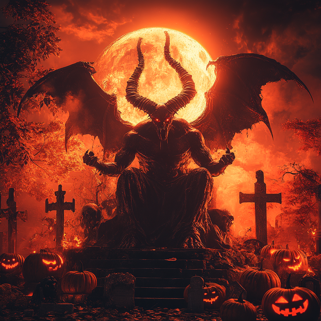 Baphomet fights scary pumpkins in spooky cemetery.