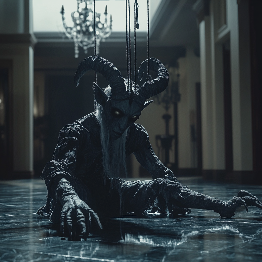 Baphomet marionette puppet lies limp in dark mansion.