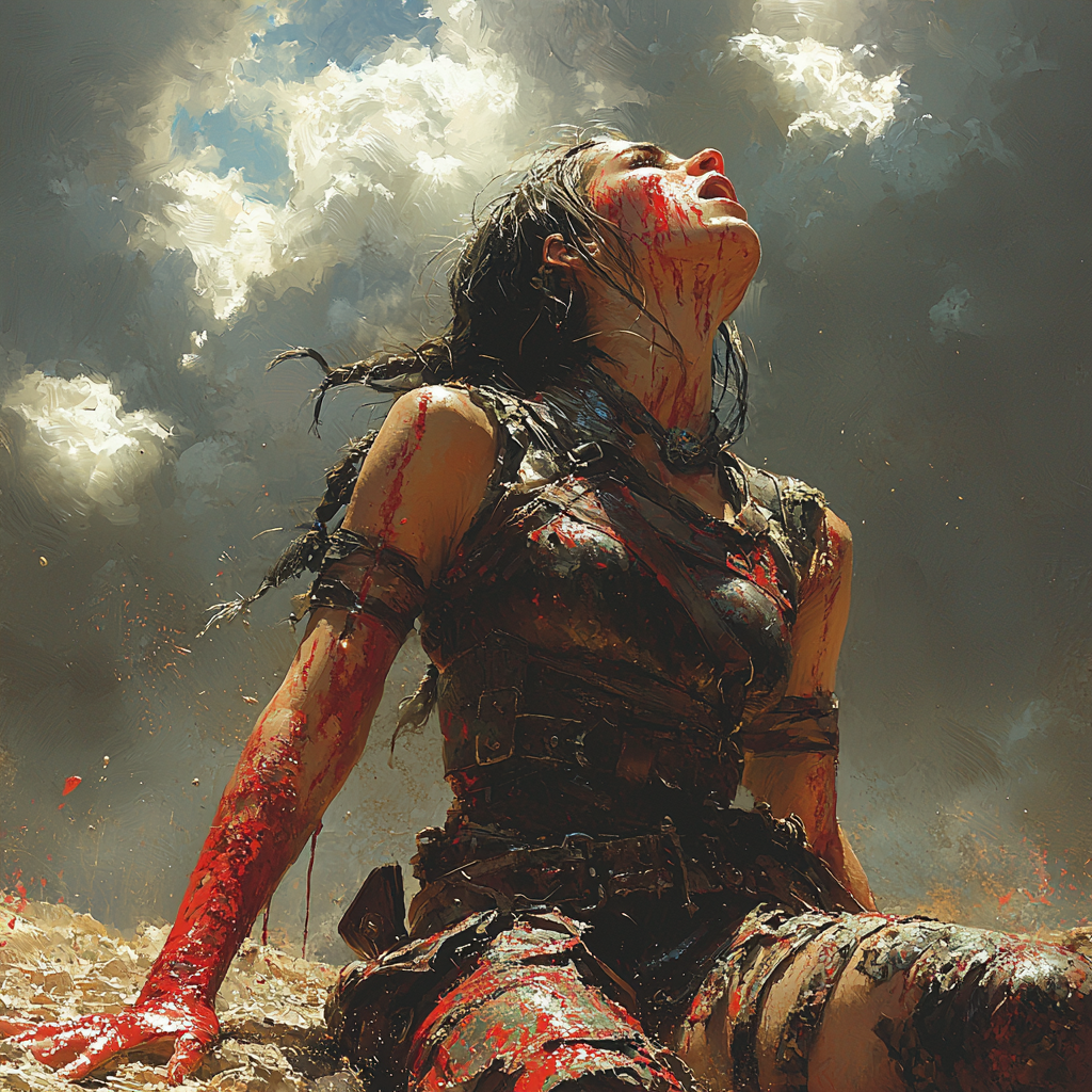 Barbarian woman warrior triumphs in battle, screaming.