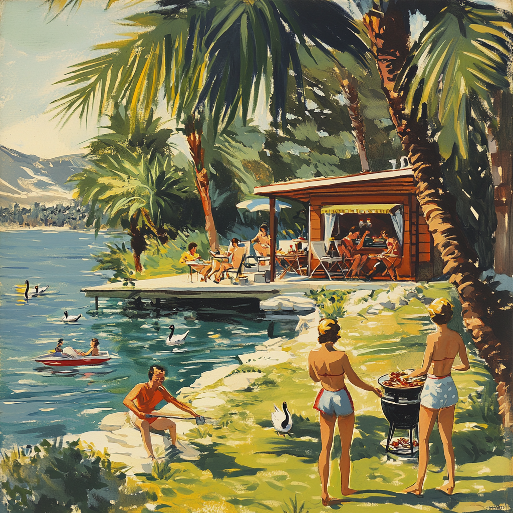 Barbecue by wooden chalet with ducks, retro art style