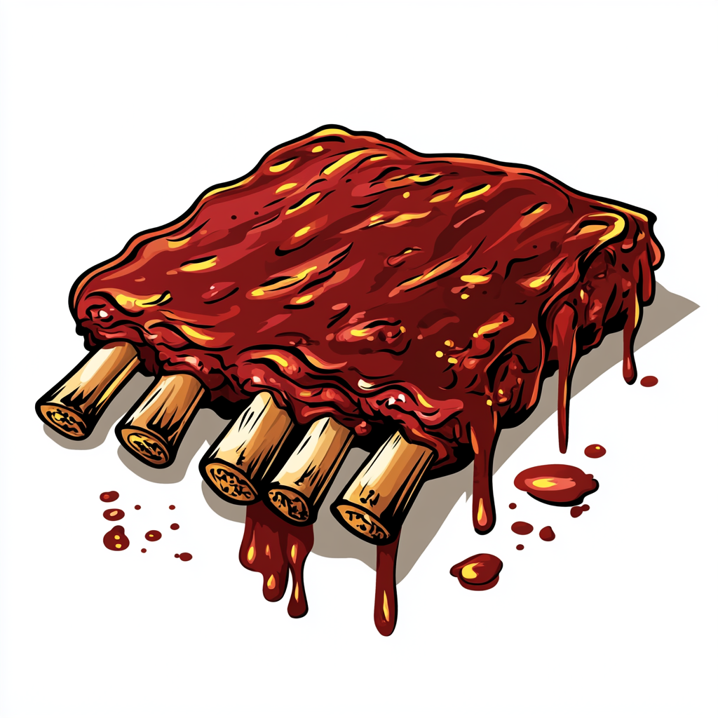 Barbecue ribs logo with sauce, fire, and grill tools.