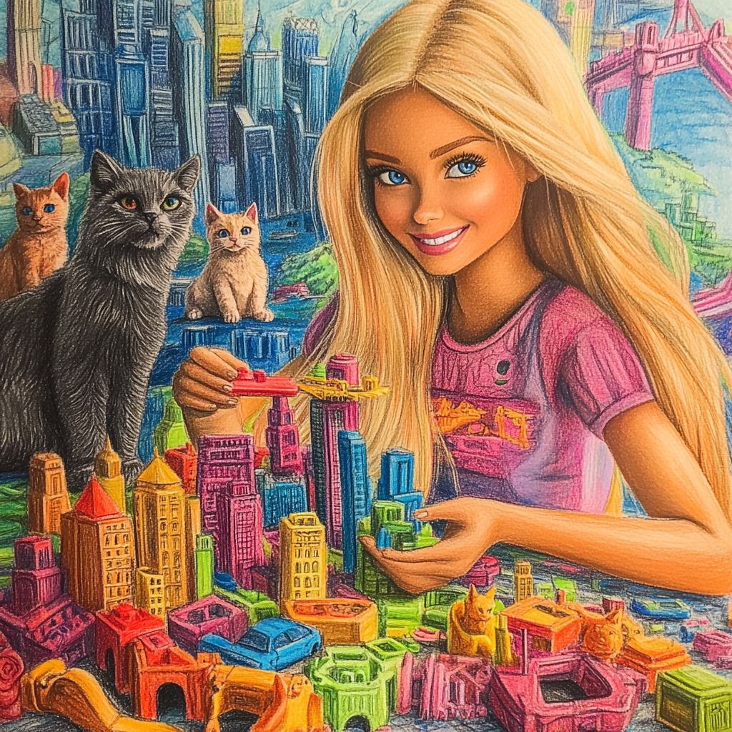 Barbie making Chicago with playdoh, watched by 100 cats.