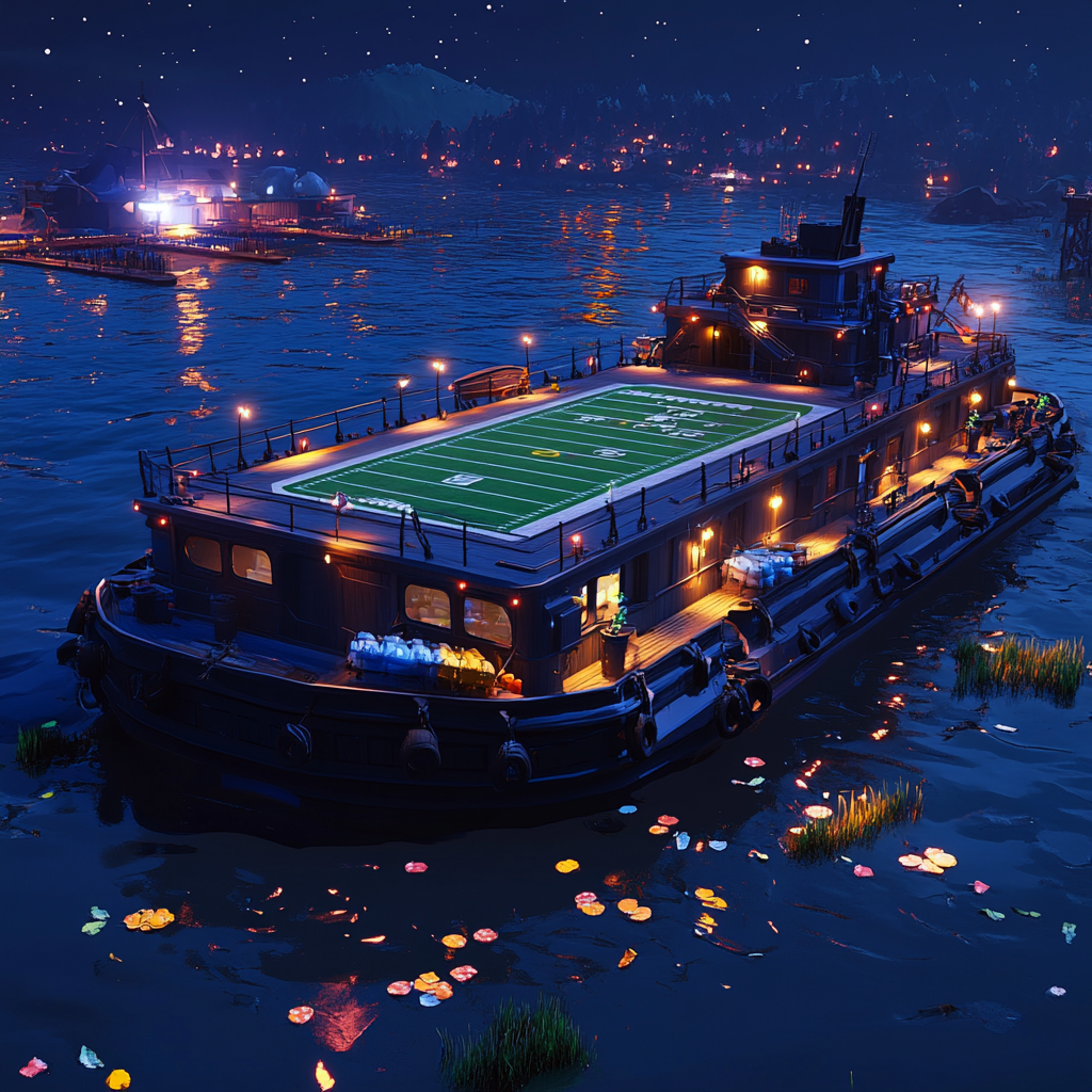 Barge with football field, lights, stars, Mississippi River.