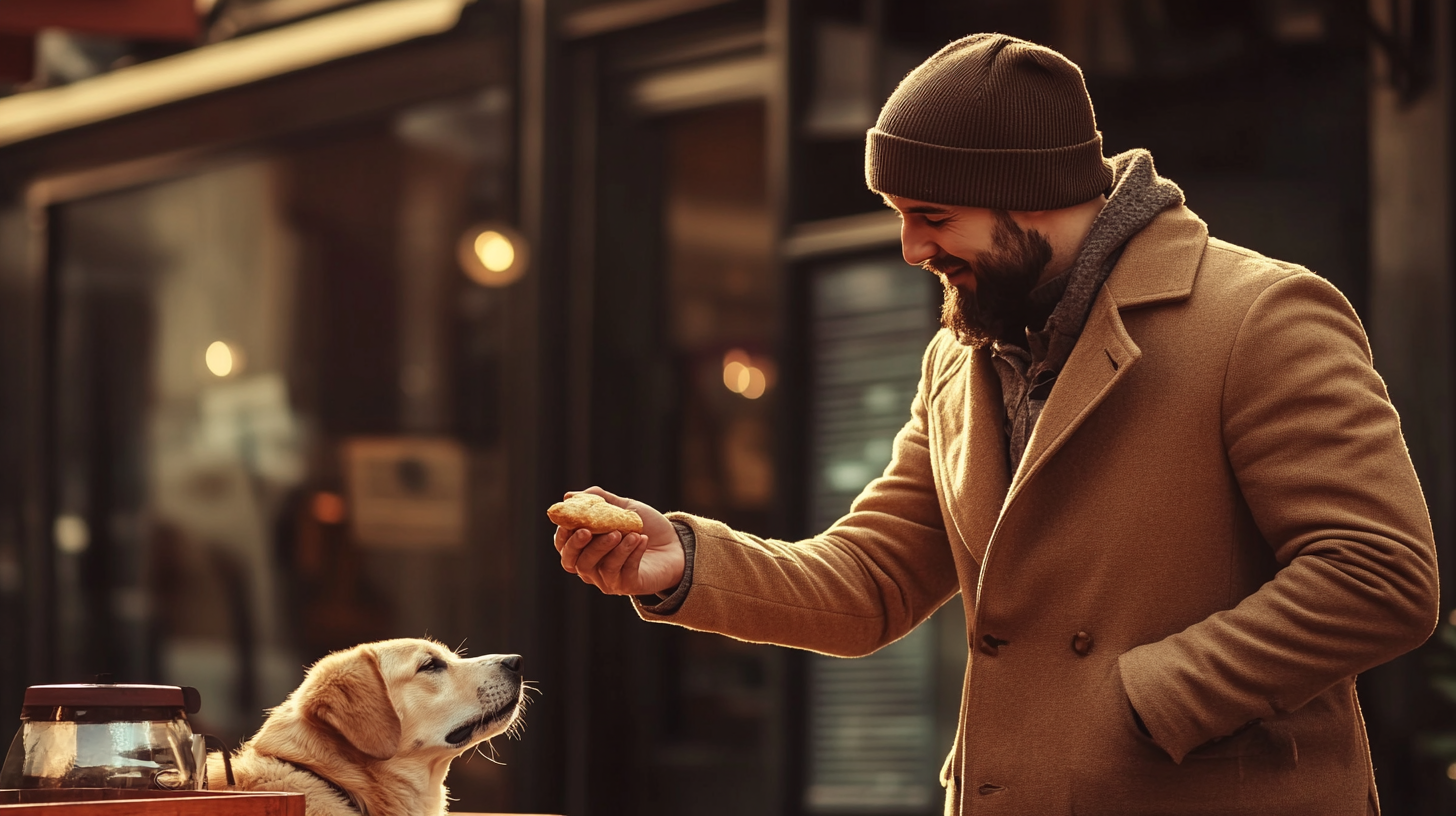 Barista gives a piece of bread to dog.