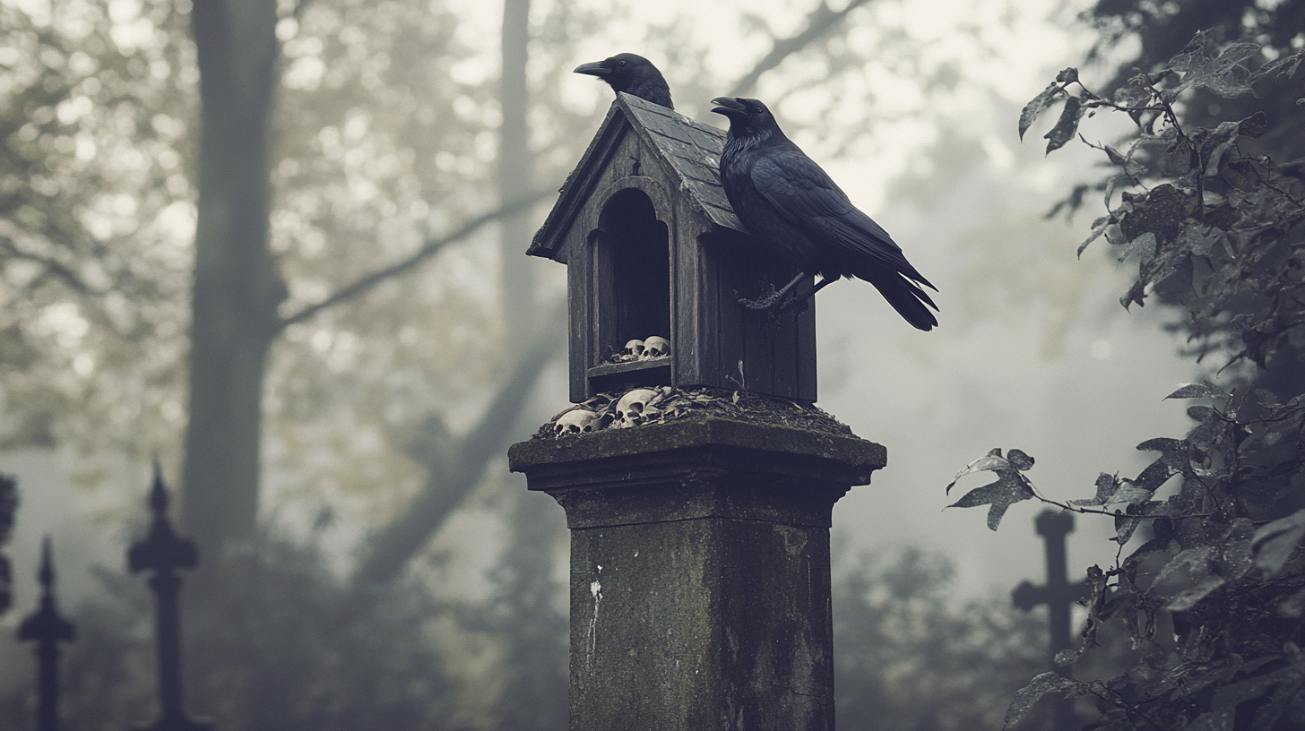 Baroque French Gothic birdhouse with raven, moody atmosphere.