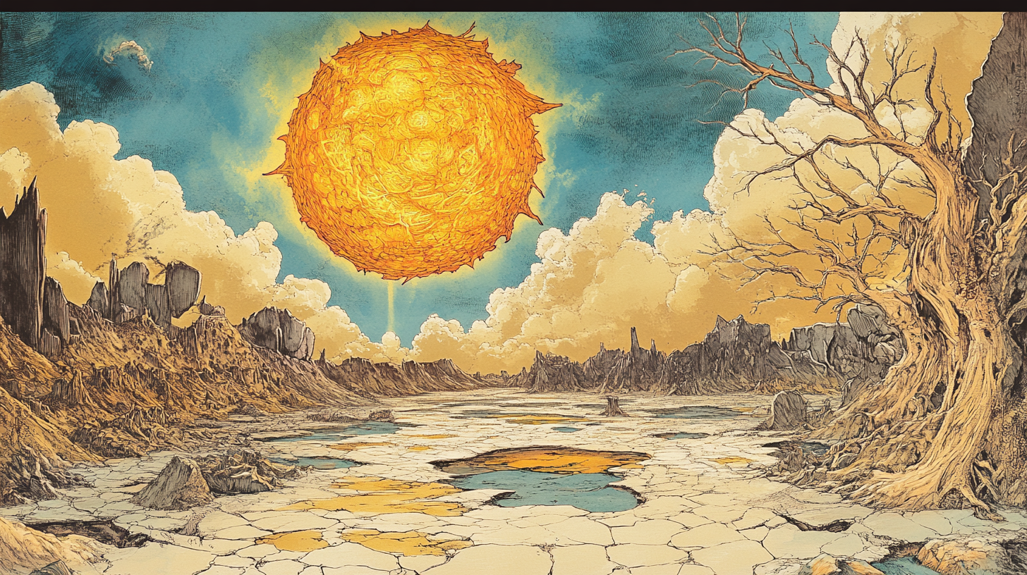 Barren Land - Dried-up Earth, Yellow Sky, Scorching Sun