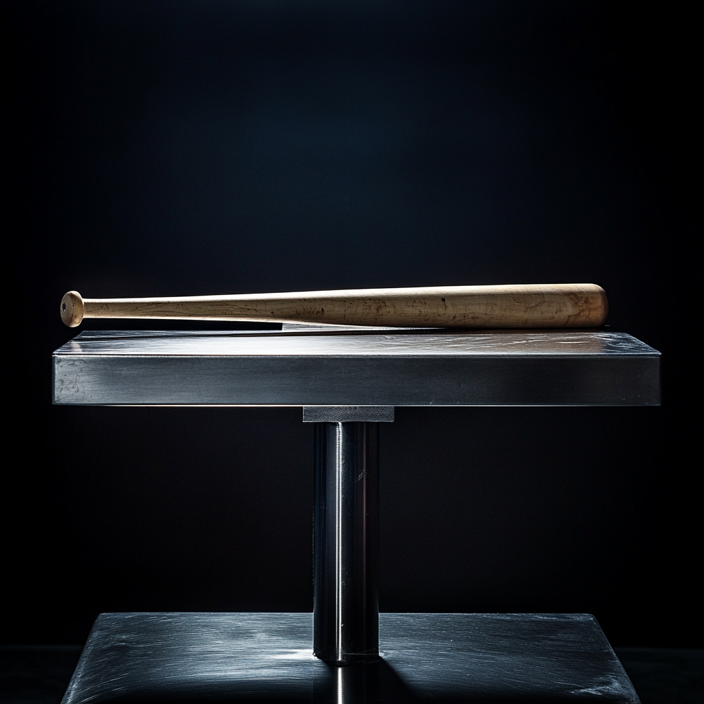 Baseball bat on steel table with cool lighting 