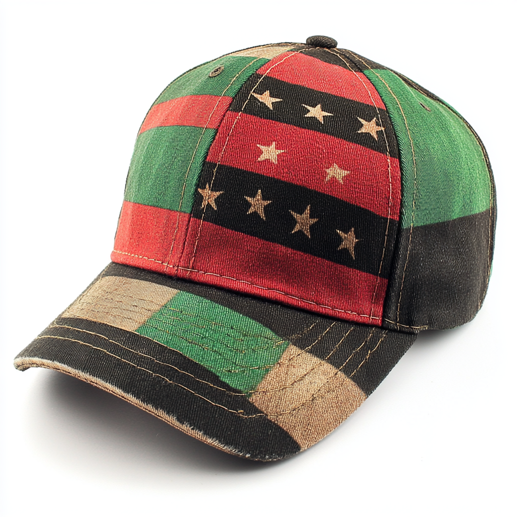 Baseball cap with red triangle, green, black design.