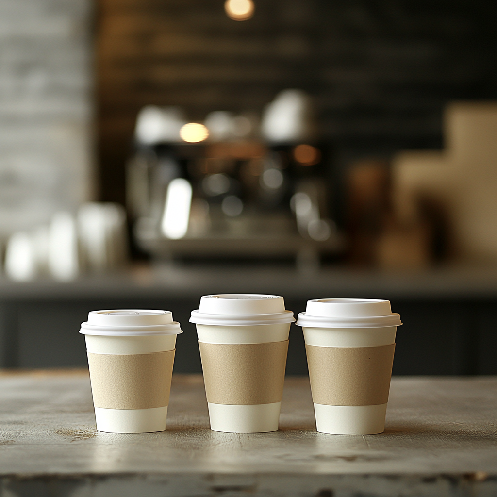 Basic, Standard, and Premium coffee cups displayed for sale.